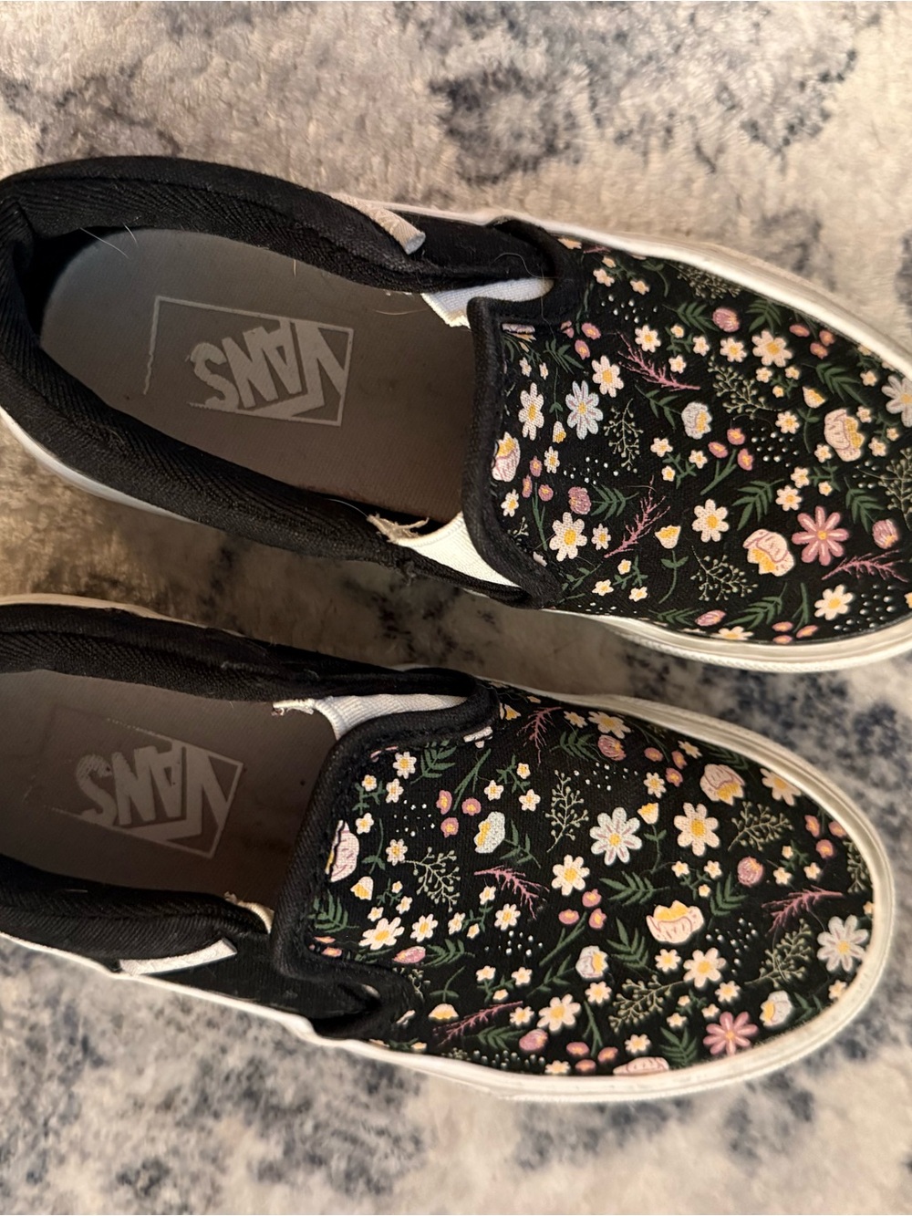 Vans Kids Slip-On Sneakers — Black with Pink, White & Green Floral Print • 12